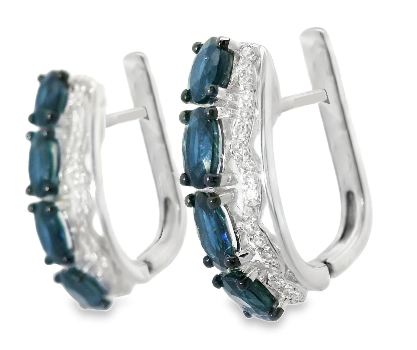 Beautiful 14K White Gold Diamond Sapphire Huggie Earrings - GGEMSonline