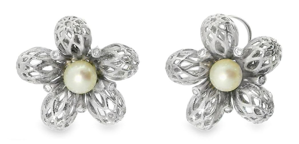 Gorgeous 14K White Gold Pearl Diamond Filigree Lace Floral Earrings - GGEMSonline
