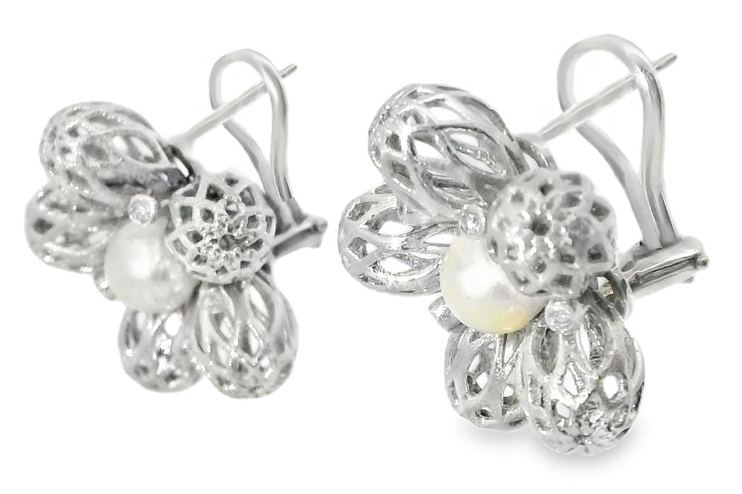 Gorgeous 14K White Gold Pearl Diamond Filigree Lace Floral Earrings - GGEMSonline