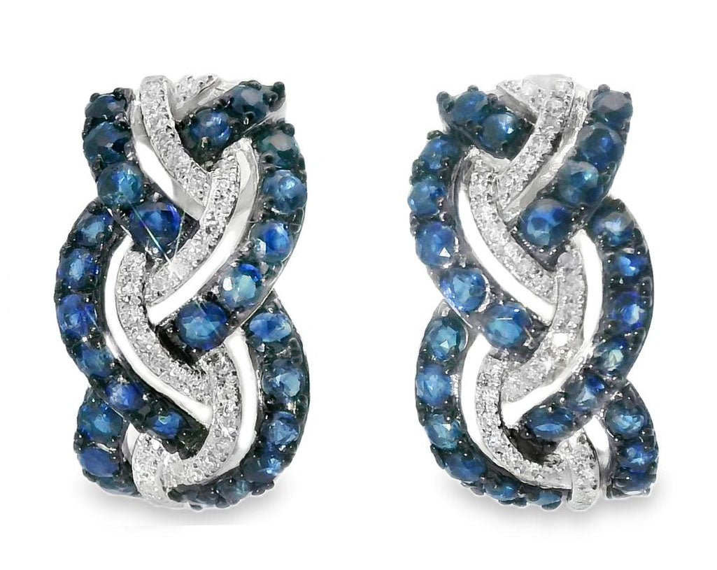 Beautiful 14K White Gold Diamond Sapphire Huggie Braided Earrings - GGEMSonline