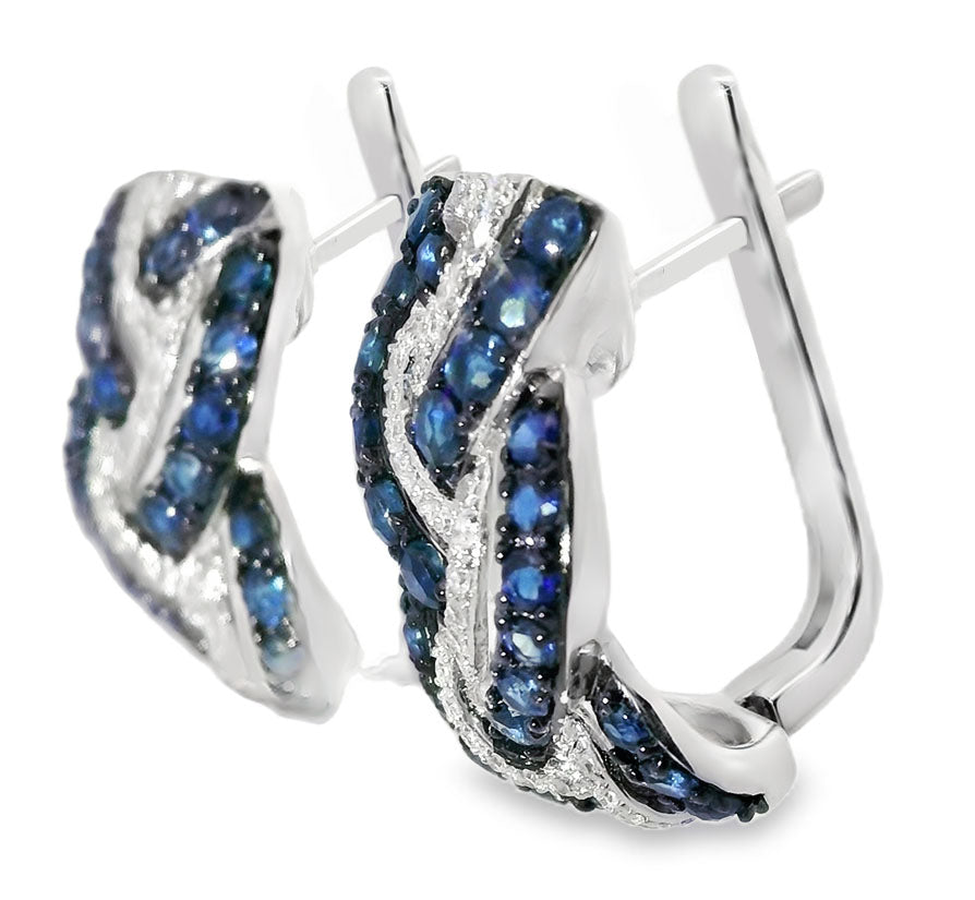 Beautiful 14K White Gold Diamond Sapphire Huggie Braided Earrings - GGEMSonline