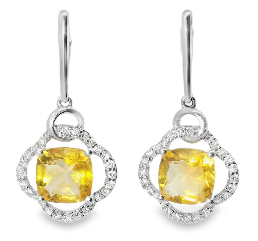 Unique 18K White Gold Diamond Citrine Hanging Earrings - GGEMSonline
