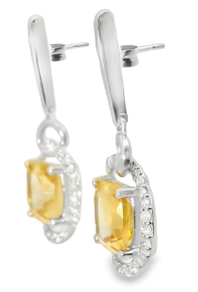 Unique 18K White Gold Diamond Citrine Hanging Earrings - GGEMSonline