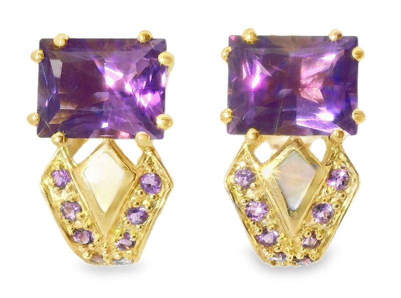 Gorgeous 14K Yellow Gold Amethyst MOP Mabe Inlaid Earrings - GGEMSonline