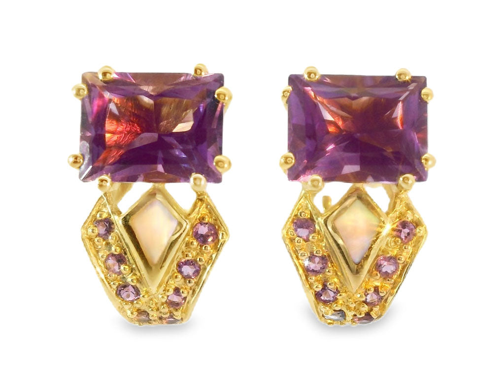Gorgeous 14K Yellow Gold Amethyst MOP Mabe Inlaid Earrings - GGEMSonline