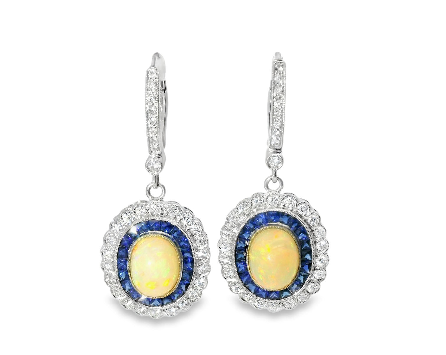 Art Deco Antique 18K White Gold Diamond Opal Sapphire Dangle Earrings - GGEMSonline