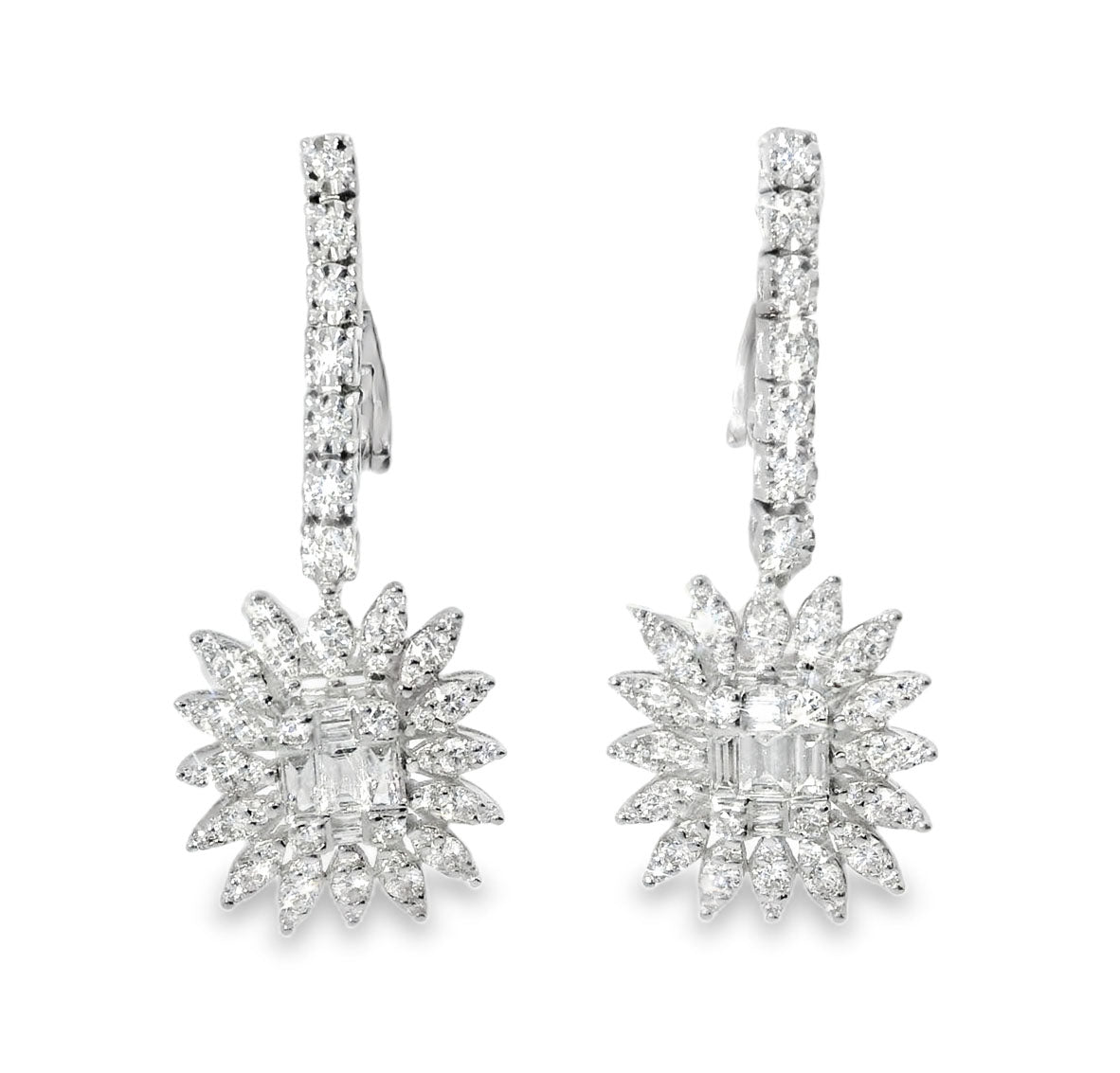 Stunning Estate 18K White Gold Pave Diamond Sunflower Floral Earrings - GGEMSonline