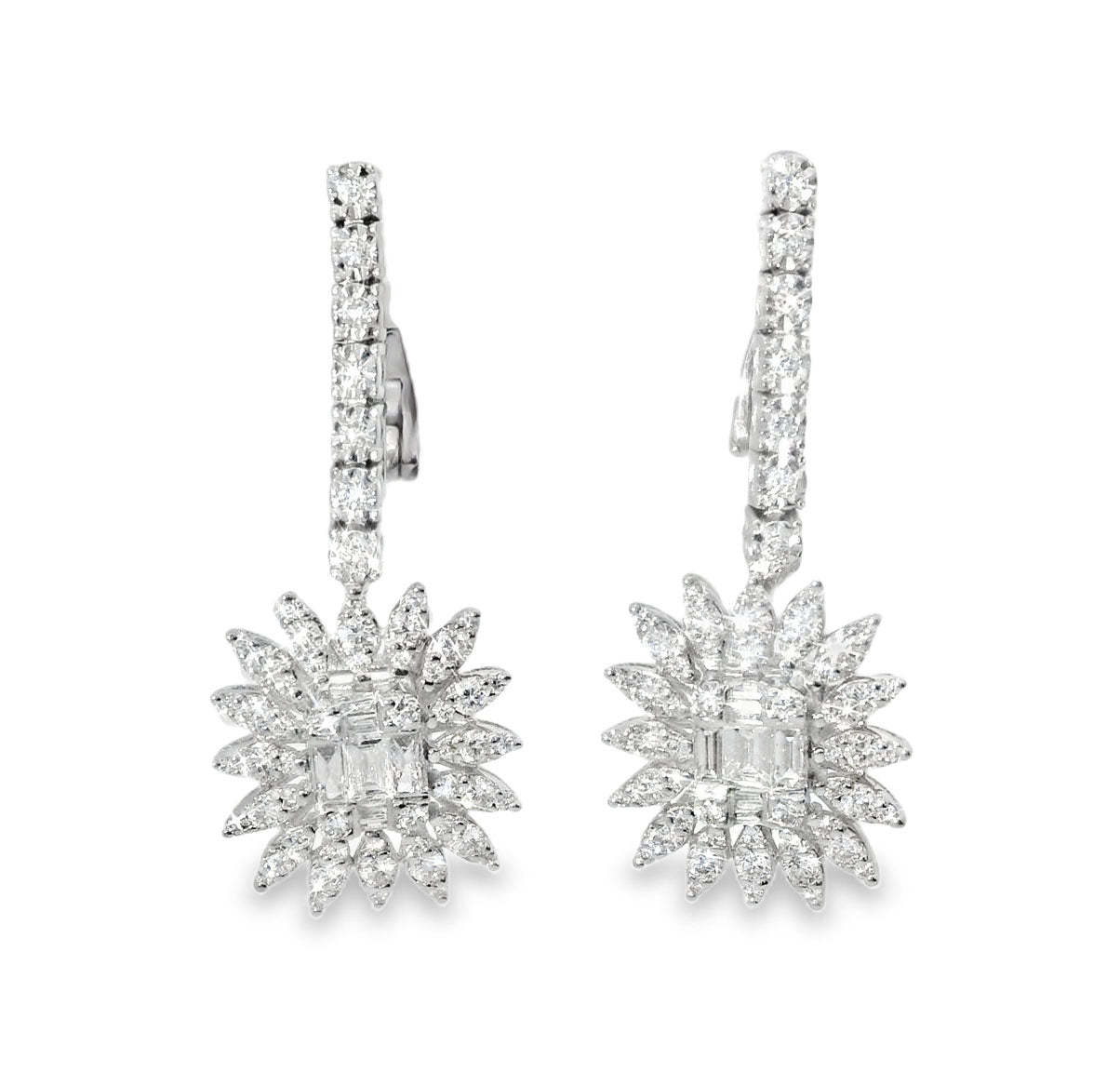 Stunning Estate 18K White Gold Pave Diamond Sunflower Floral Earrings - GGEMSonline
