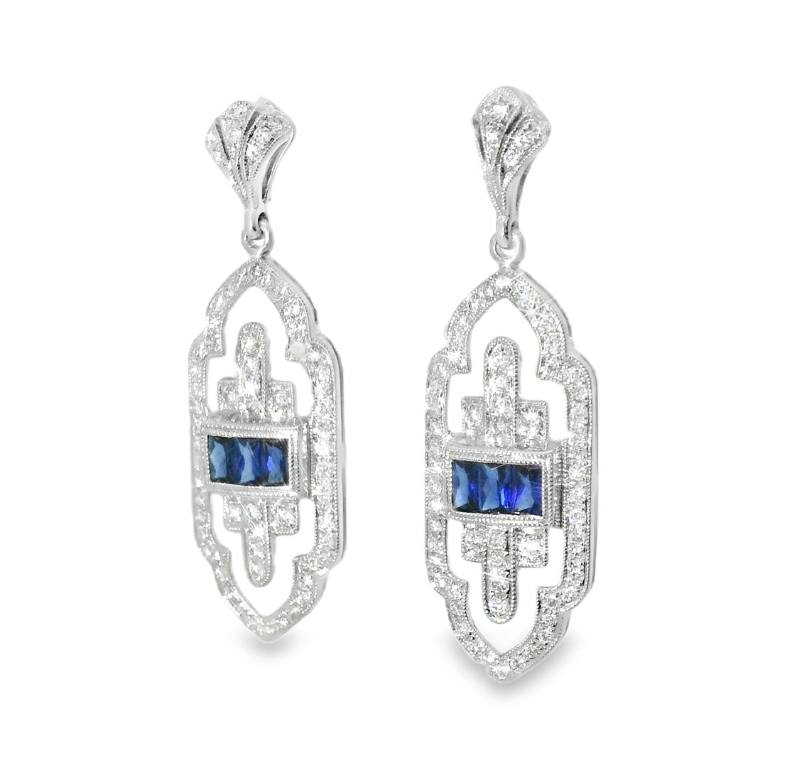 Art Deco Antique 18K White Gold Diamond Sapphire Dangle Earrings - GGEMSonline