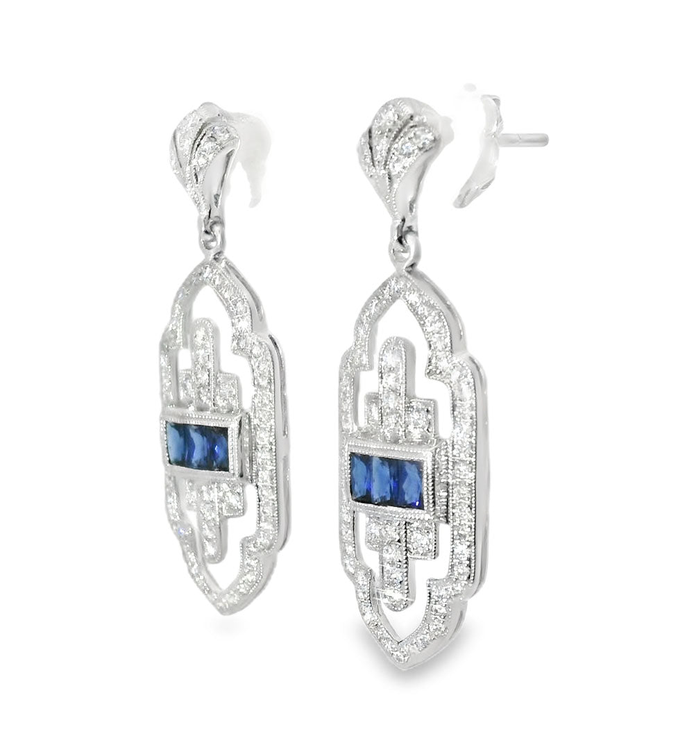 Art Deco Antique 18K White Gold Diamond Sapphire Dangle Earrings - GGEMSonline