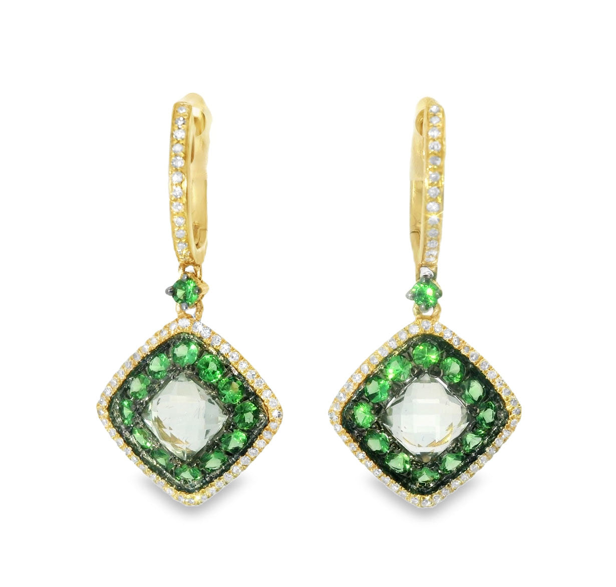 Beautiful 14K Yellow Gold Green Amethyst Diamond Tsavorite Drop Dangle Earrings