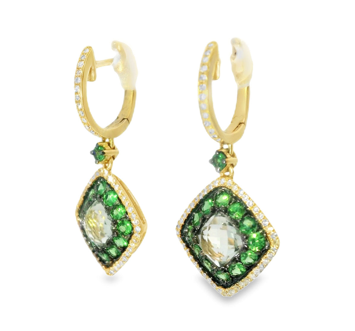 Beautiful 14K Yellow Gold Green Amethyst Diamond Tsavorite Drop Dangle Earrings