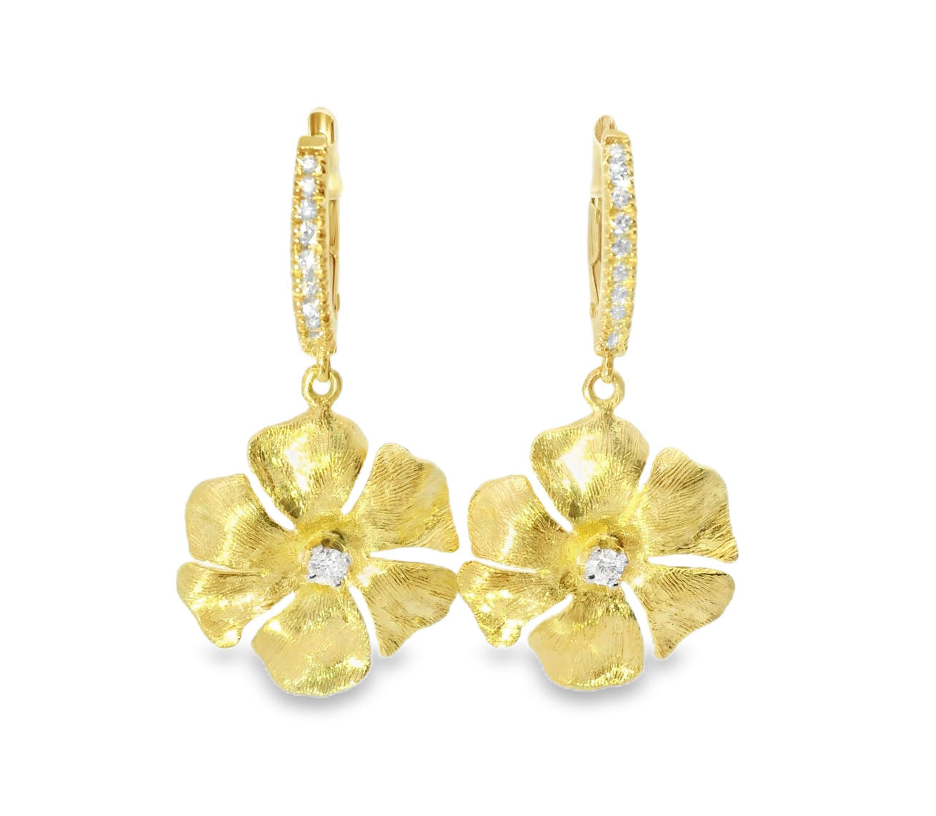 Stunning 14K Brushed Yellow Gold Diamond Floral Flower Drop Dangle Earrings
