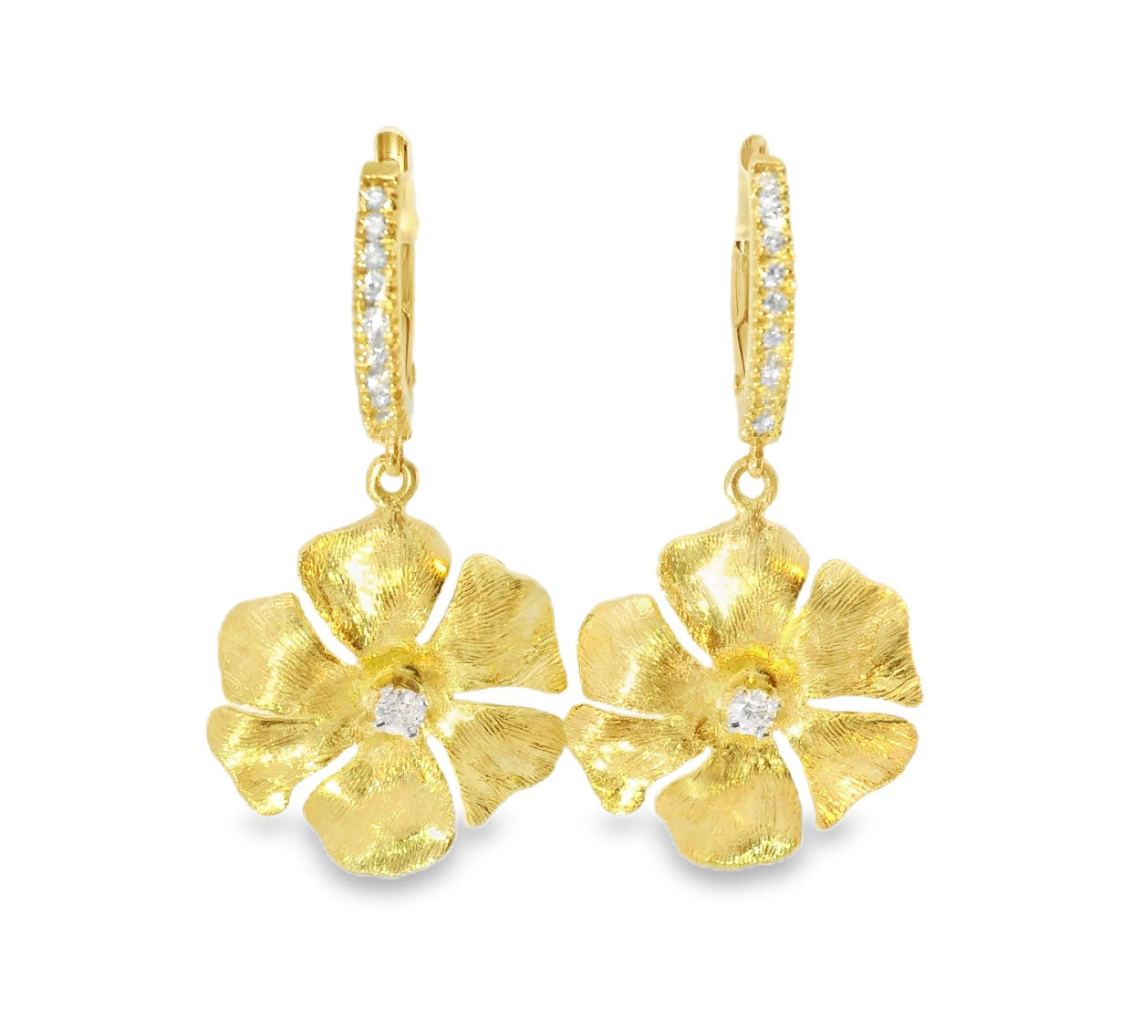 Stunning 14K Brushed Yellow Gold Diamond Floral Flower Drop Dangle Earrings