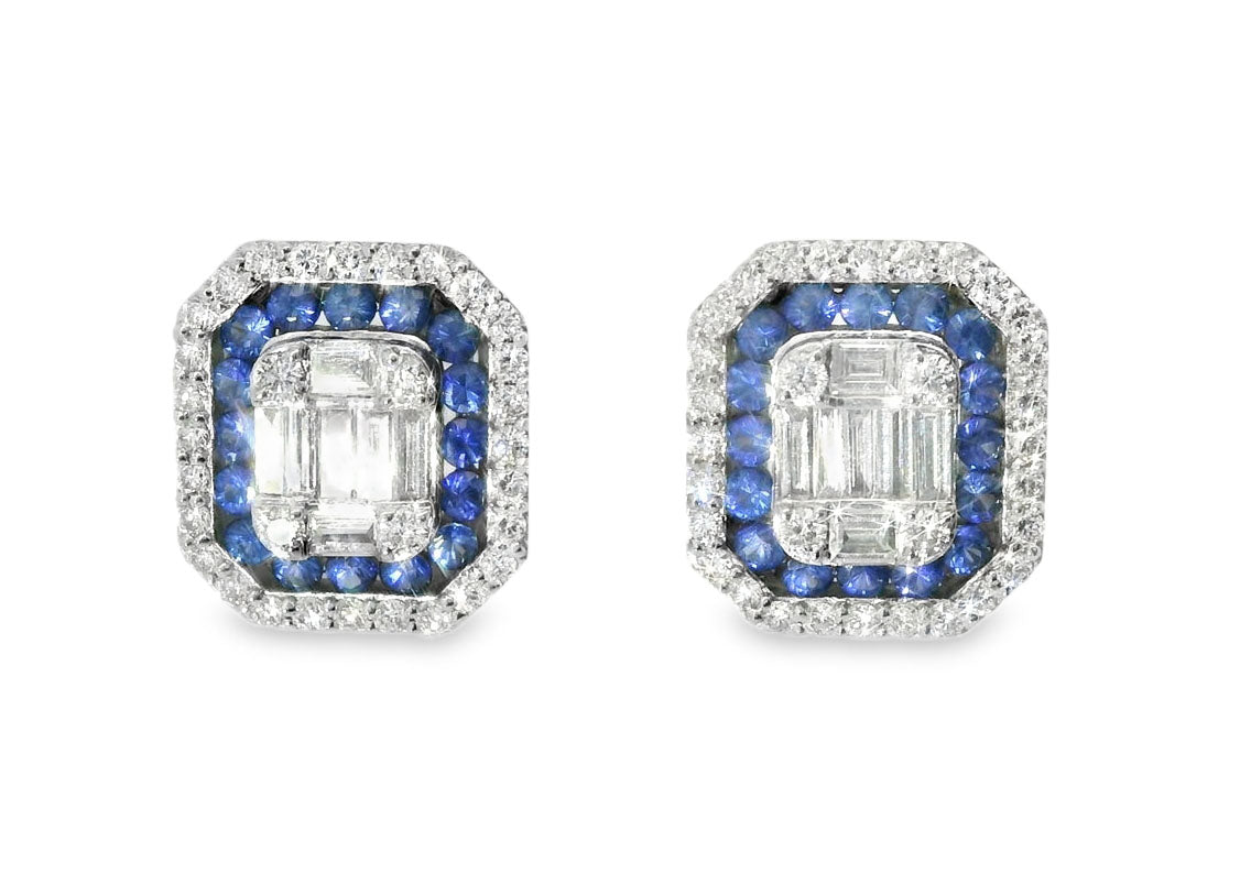 Stunning Estate 18K White Gold Sapphire Diamond Stud Studs Earrings - GGEMSonline