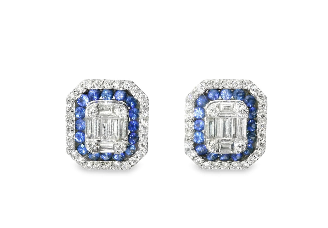 Stunning Estate 18K White Gold Sapphire Diamond Stud Studs Earrings - GGEMSonline