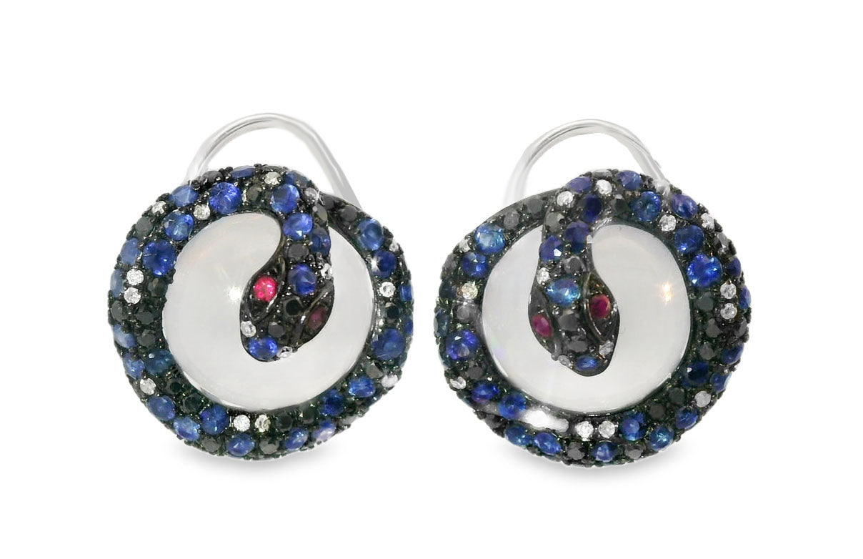 Unique 14K Gold Chalcedony Diamond Ruby Sapphire Snake Earrings - GGEMSonline