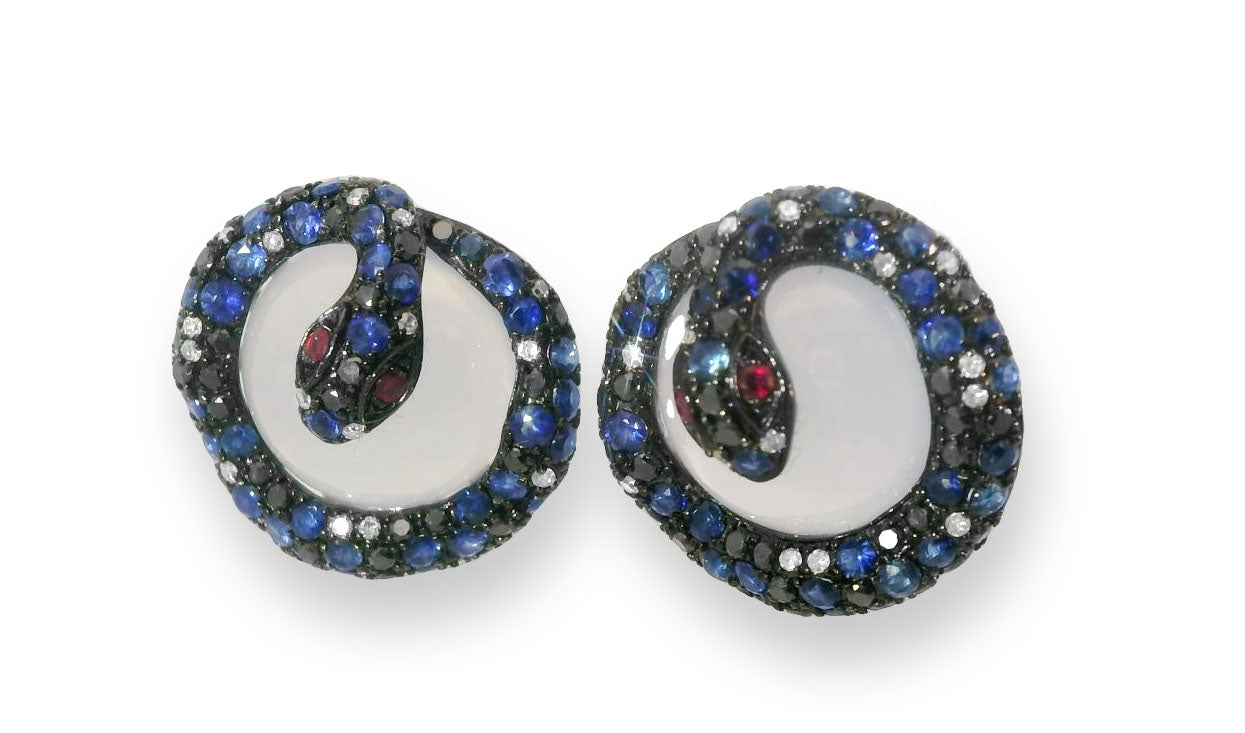 Unique 14K Gold Chalcedony Diamond Ruby Sapphire Snake Earrings - GGEMSonline