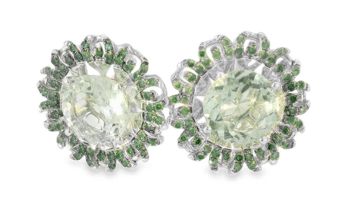 Fabulous Estate 14K White Gold Green Amethyst Diamond Sunflower Earrings - GGEMSonline
