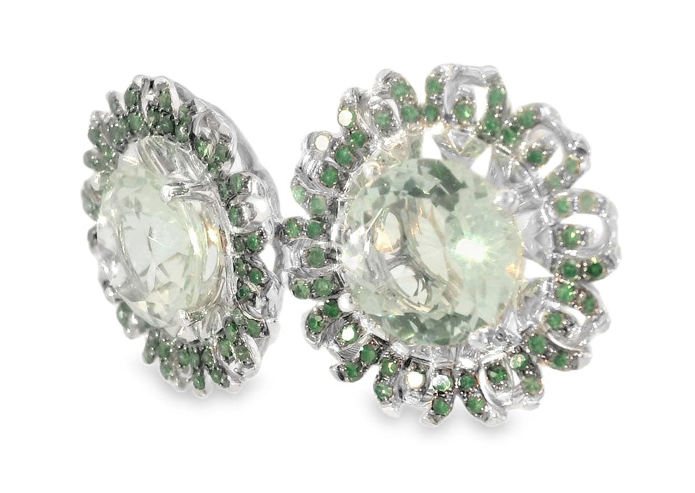 Fabulous Estate 14K White Gold Green Amethyst Diamond Sunflower Earrings - GGEMSonline