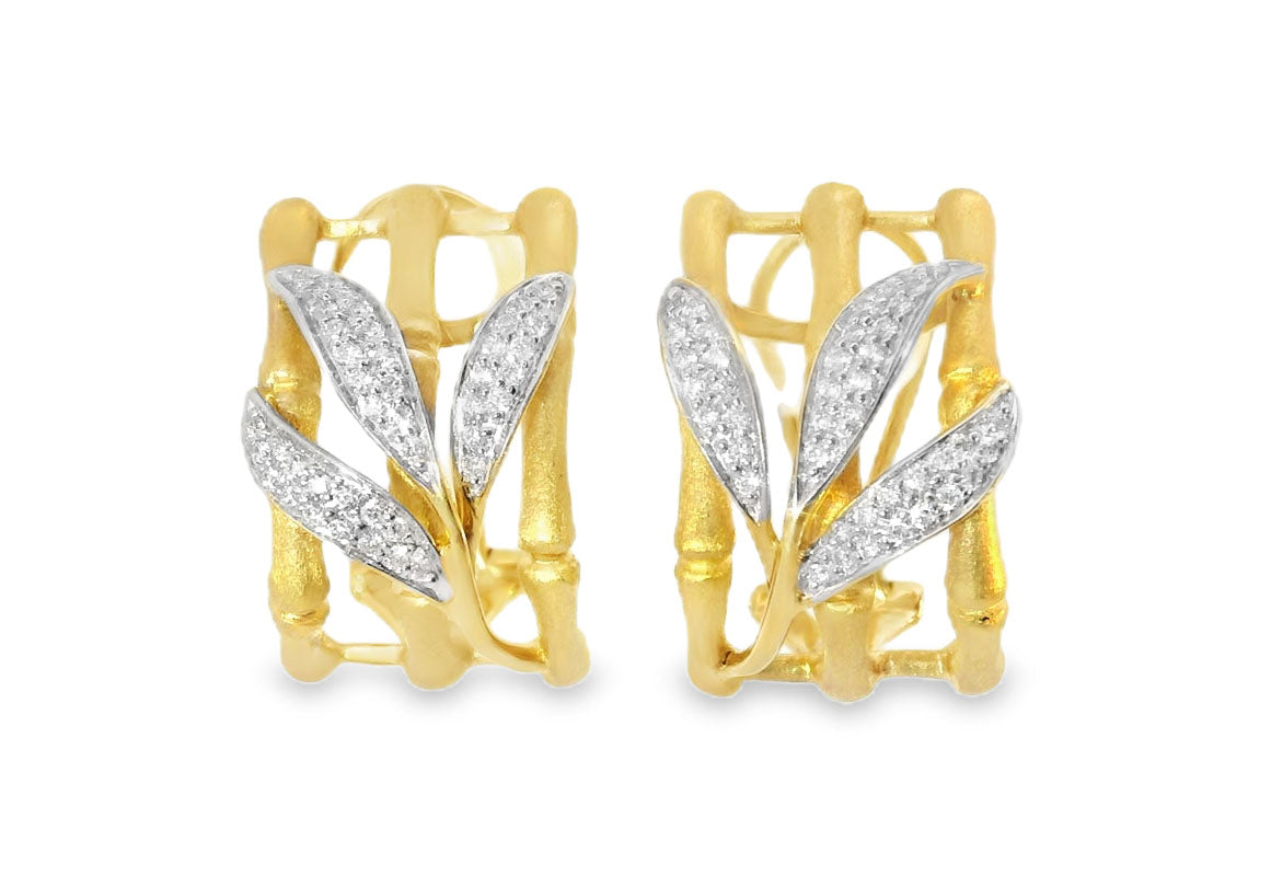 Beautiful 14K Yellow Gold Diamond Bamboo Shoot Leaf Designer Earrings - GGEMSonline