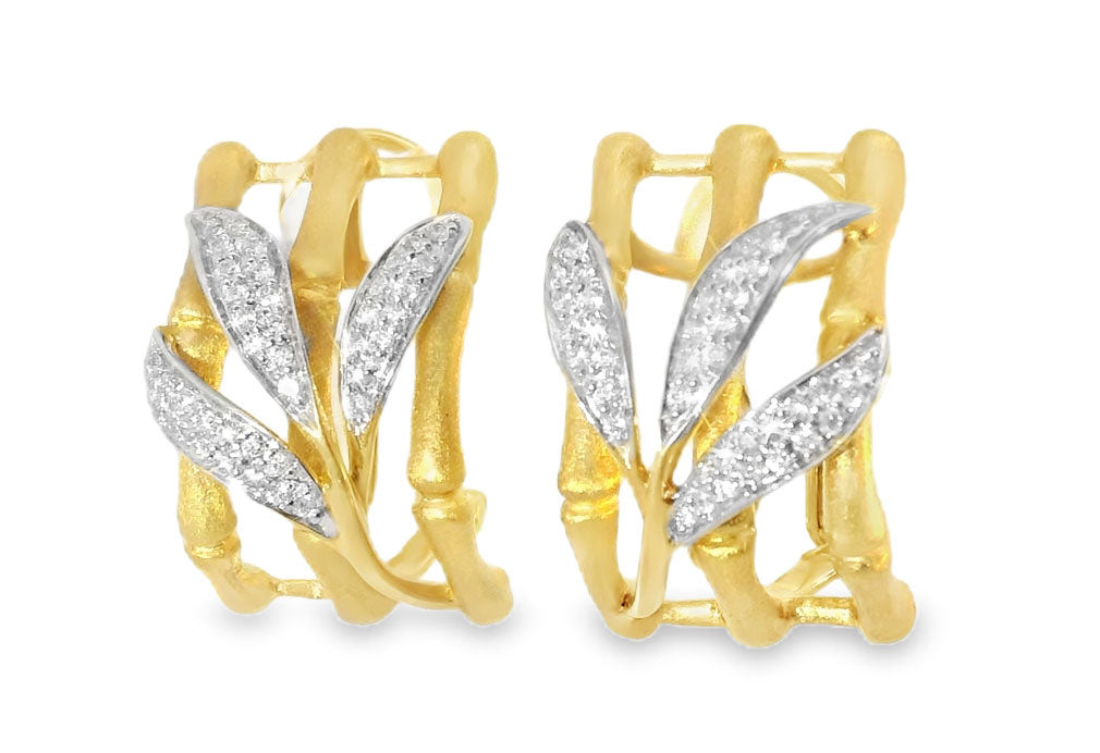 Beautiful 14K Yellow Gold Diamond Bamboo Shoot Leaf Designer Earrings - GGEMSonline