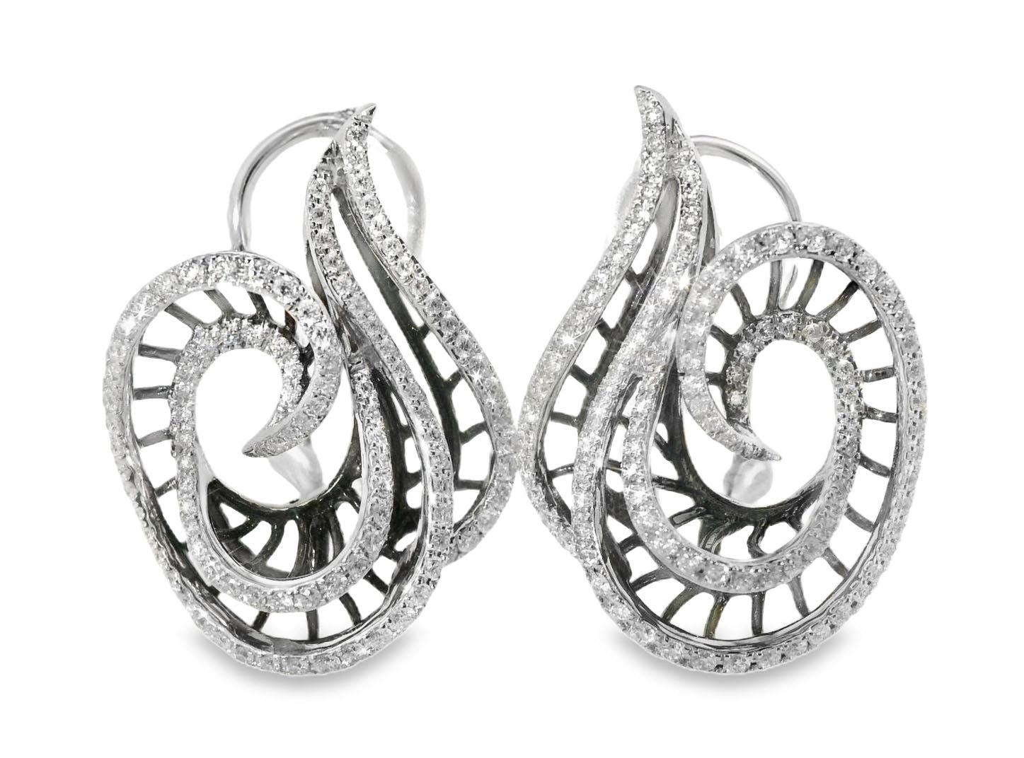 Magnificent Italian Designer Odelia 18K White Gold Diamond Swirl French Clip Earrings - GGEMSonline