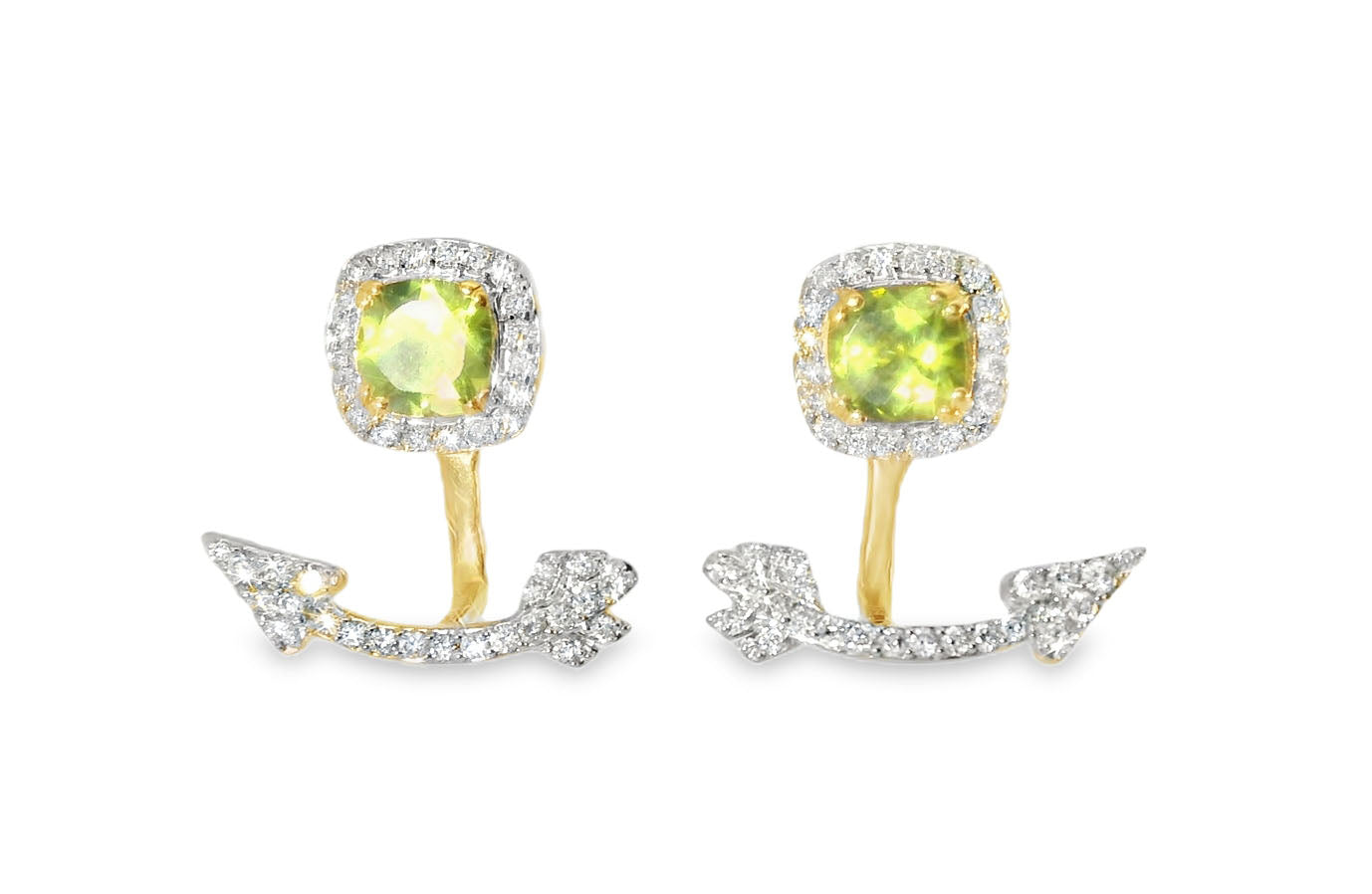 Gorgeous 14K Yellow Gold Peridot Hanging Arrow Diamond Earrings - GGEMSonline