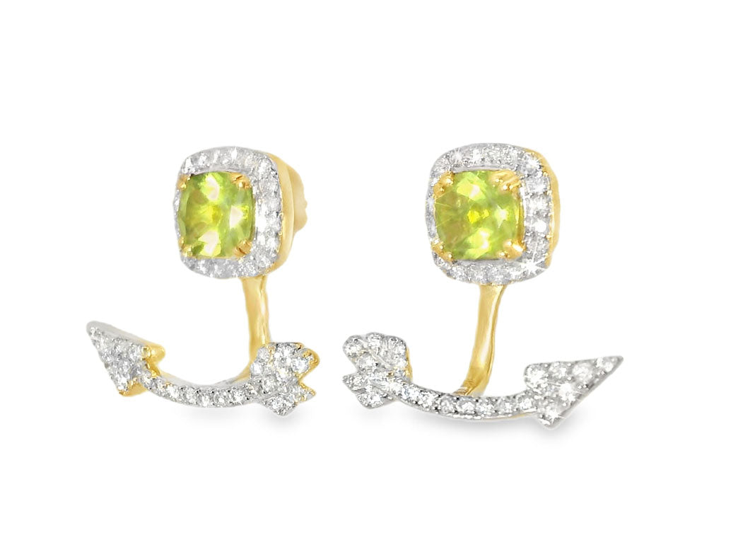 Gorgeous 14K Yellow Gold Peridot Hanging Arrow Diamond Earrings - GGEMSonline