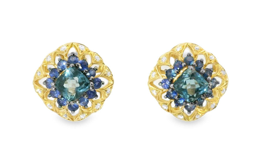 Fascinating 14K Yellow Gold Blue Topaz Sapphire Diamond Stud Earrings - GGEMSonline