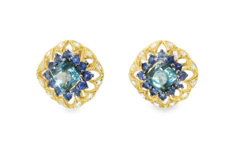 Fascinating 14K Yellow Gold Blue Topaz Sapphire Diamond Stud Earrings - GGEMSonline