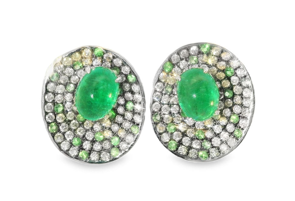 Gorgeous 18K White Gold Cabochon Emerald Diamond Earrings - GGEMSonline