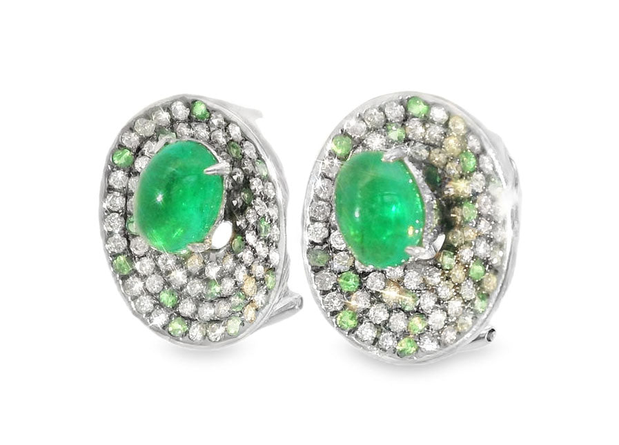 Gorgeous 18K White Gold Cabochon Emerald Diamond Earrings - GGEMSonline