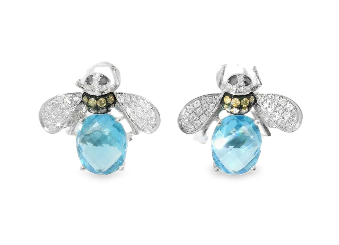 Gorgeous 14K White Gold Blue Topaz Bumble Bee Diamond Earrings - GGEMSonline