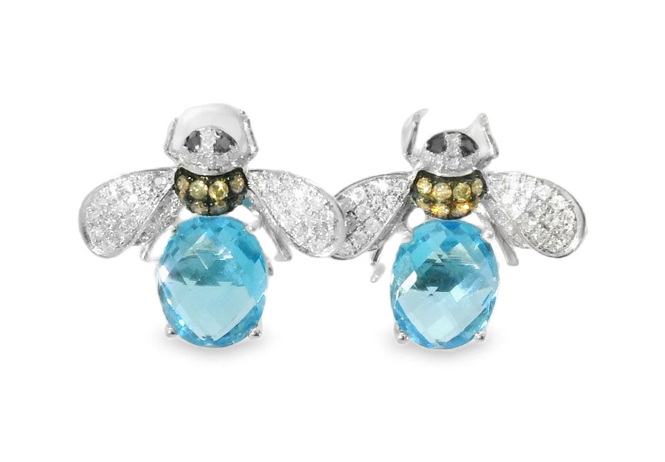 Gorgeous 14K White Gold Blue Topaz Bumble Bee Diamond Earrings - GGEMSonline