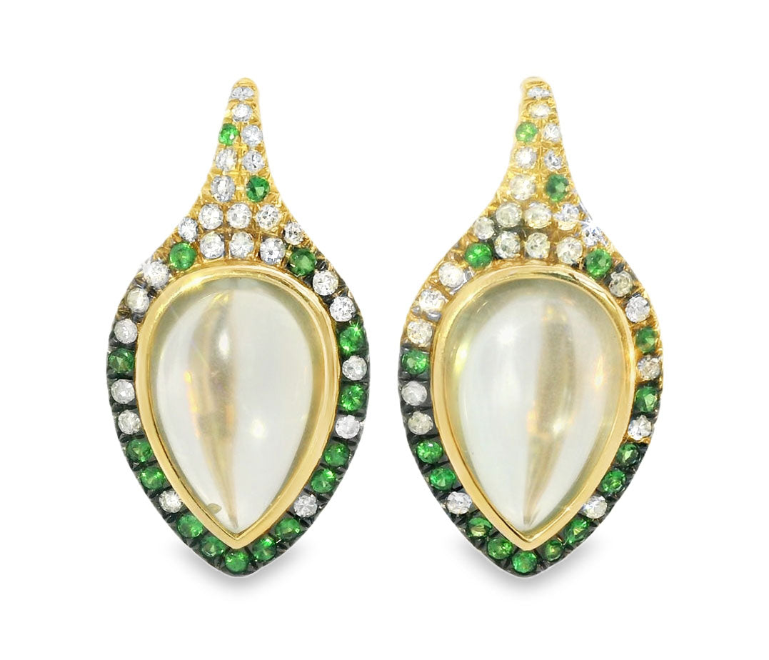 Gorgeous 14K Yellow Gold Cabochon Green Amethyst Tsavorite Diamond Leaf Earrings - GGEMSonline