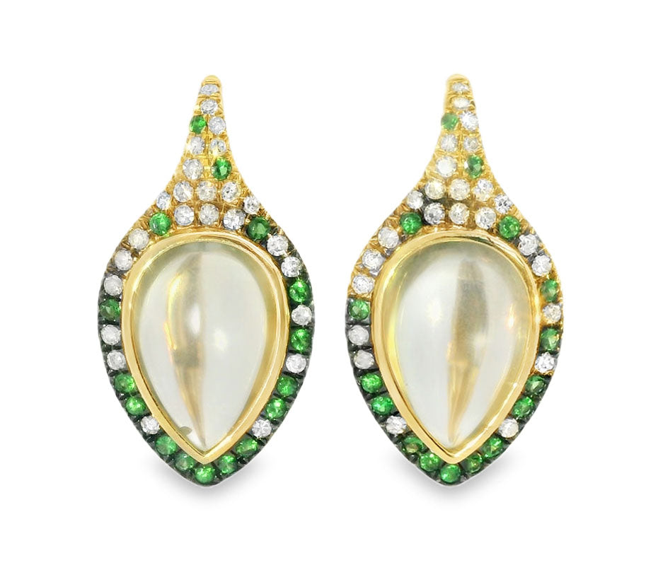 Gorgeous 14K Yellow Gold Cabochon Green Amethyst Tsavorite Diamond Leaf Earrings - GGEMSonline