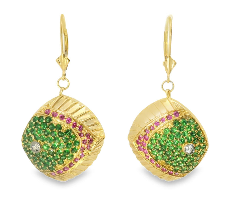Stunning Estate 14K Yellow Gold Diamond Sapphire Fishes Earrings - GGEMSonline