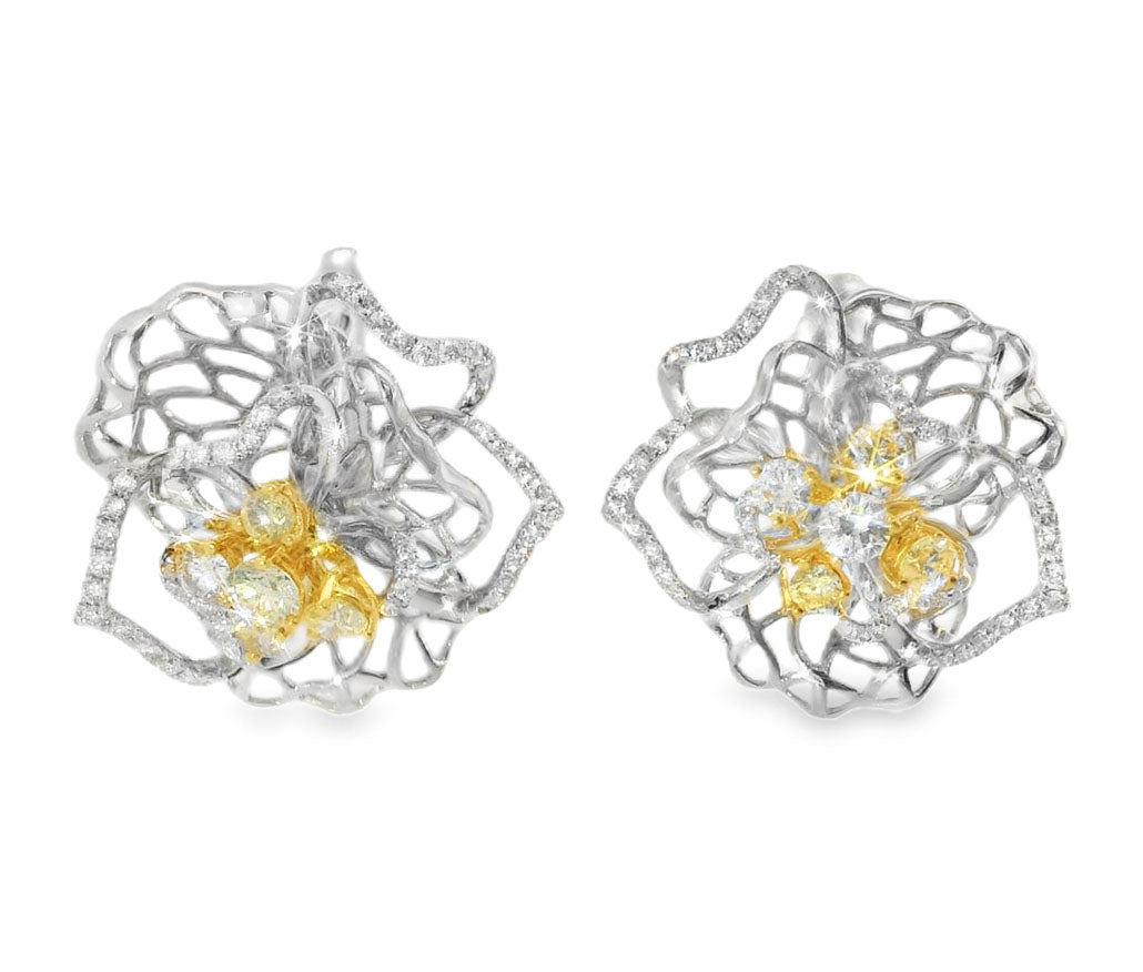 Magnificent Filigree 18K White 2-Tone Gold Yellow Diamond Floral Earrings - GGEMSonline