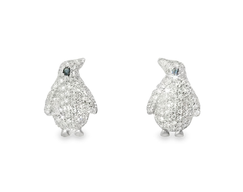 Lovely Whimsical 14K White Gold Diamond Penguin Earrings - GGEMSonline