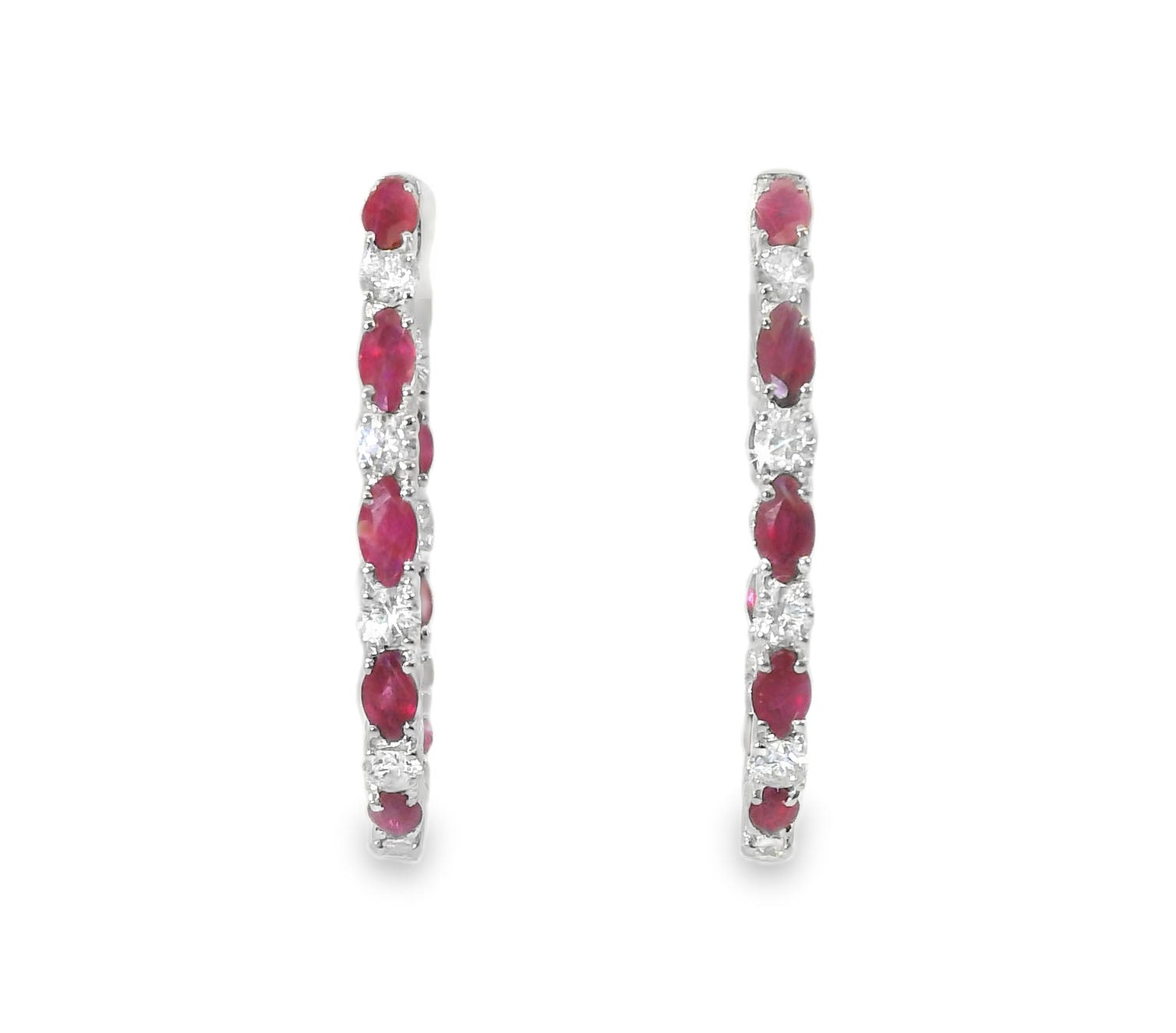 Gorgeous 14K White Gold Diamond Ruby Hoop Earrings Hoops - GGEMSonline