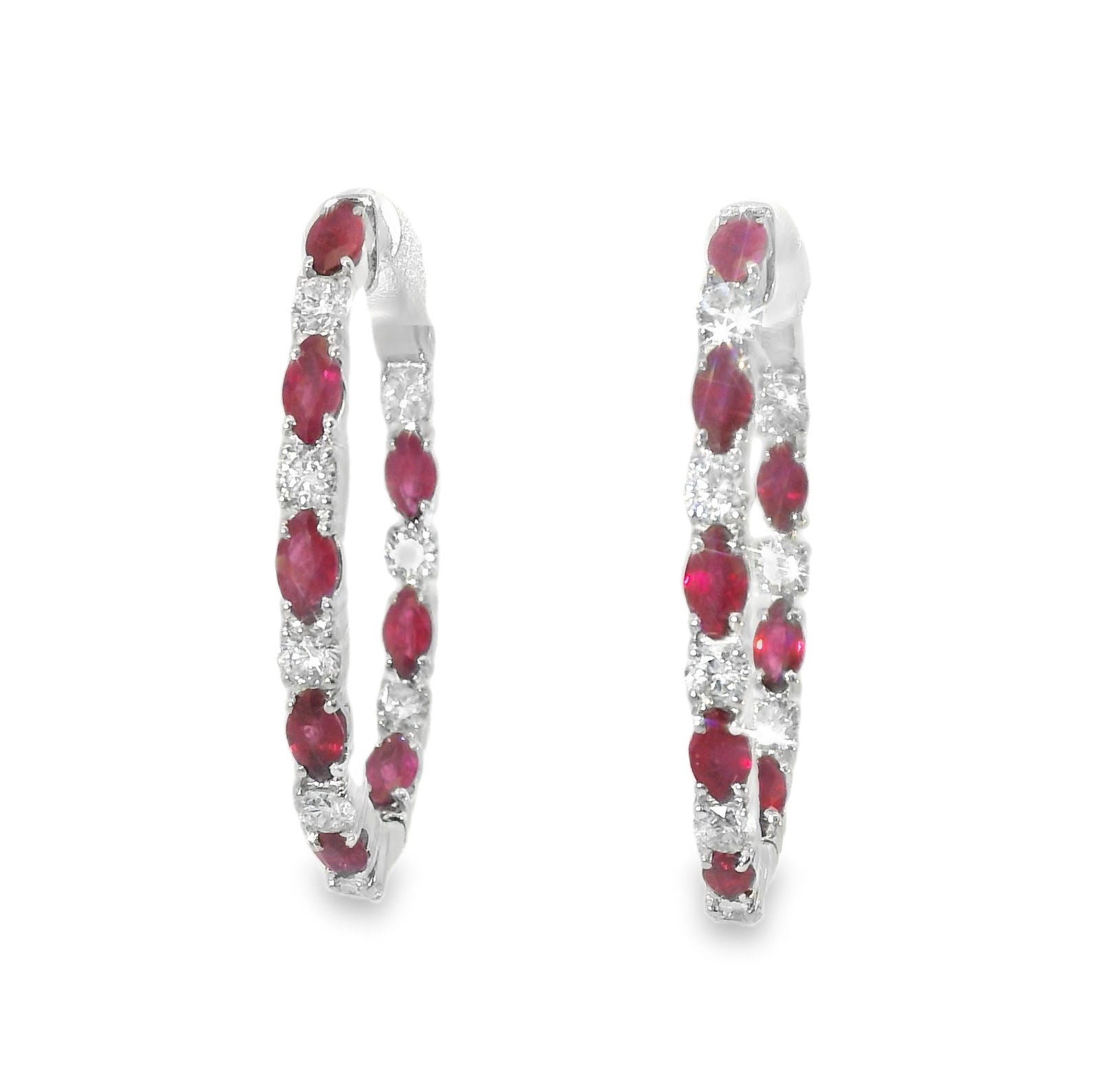 Gorgeous 14K White Gold Diamond Ruby Hoop Earrings Hoops - GGEMSonline