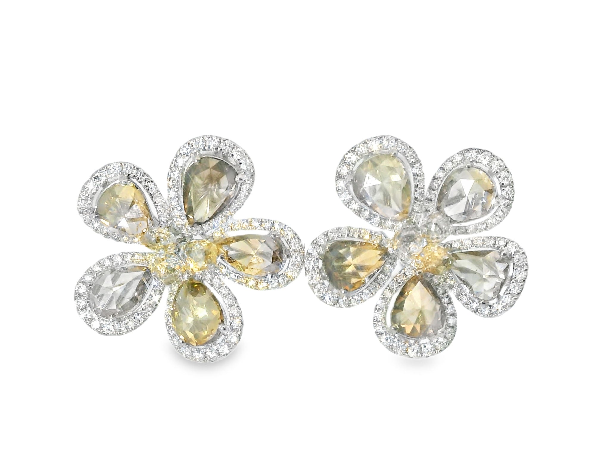 Exquisite 18K White Gold Rose Cut Champagne Diamond Floral Earrings - GGEMSonline