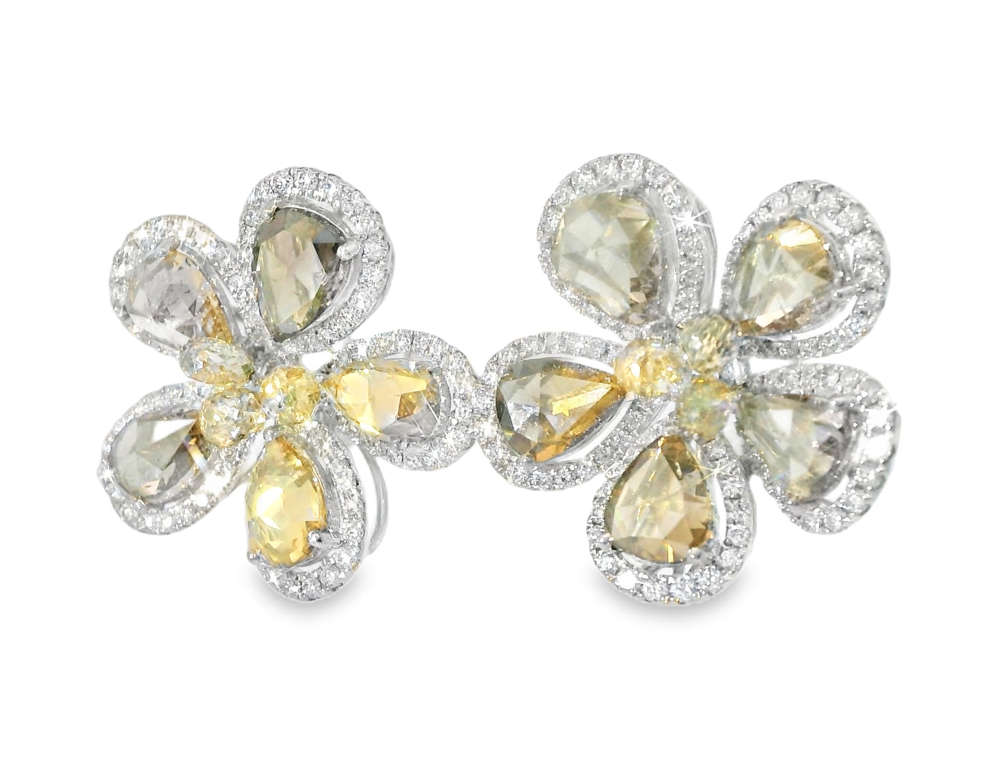 Exquisite 18K White Gold Rose Cut Champagne Diamond Floral Earrings - GGEMSonline