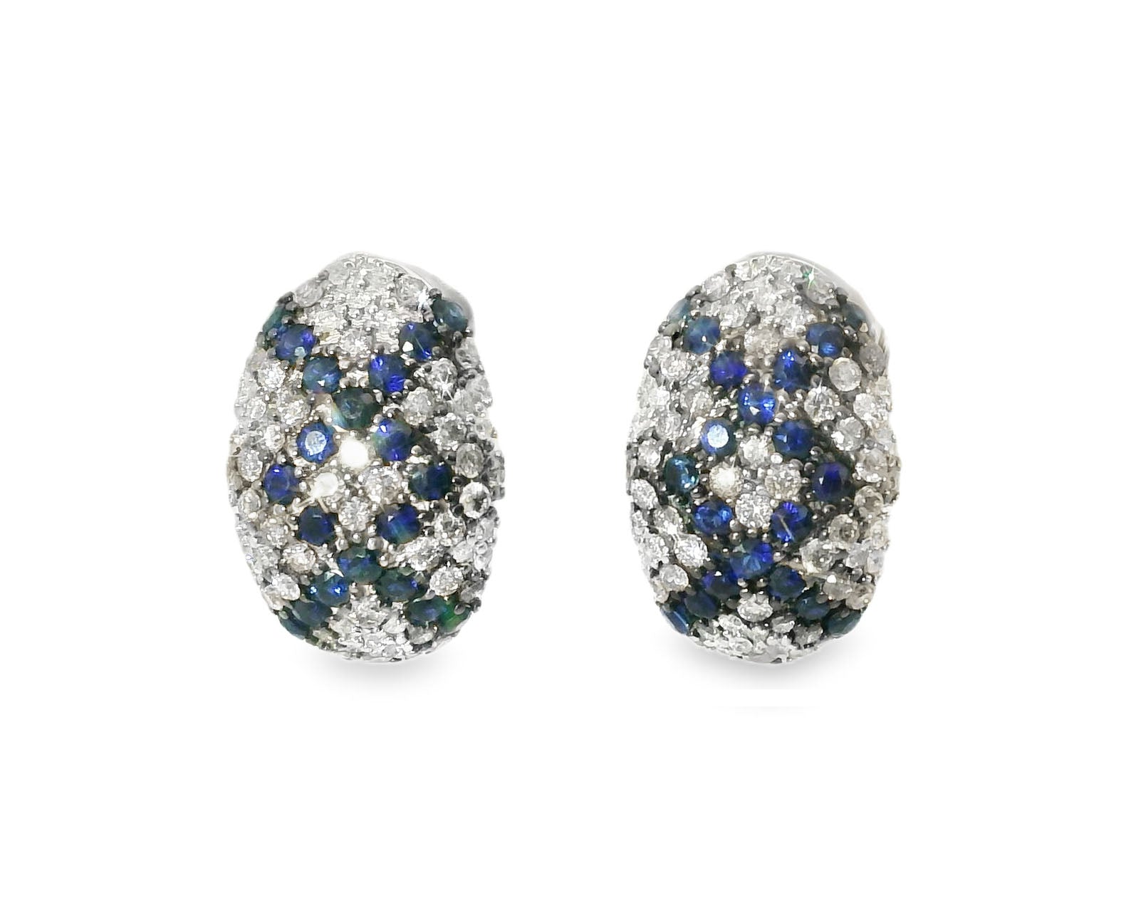 Unique 14K White Gold Champagne Diamond Sapphire Mosaic Huggie Earrings - GGEMSonline