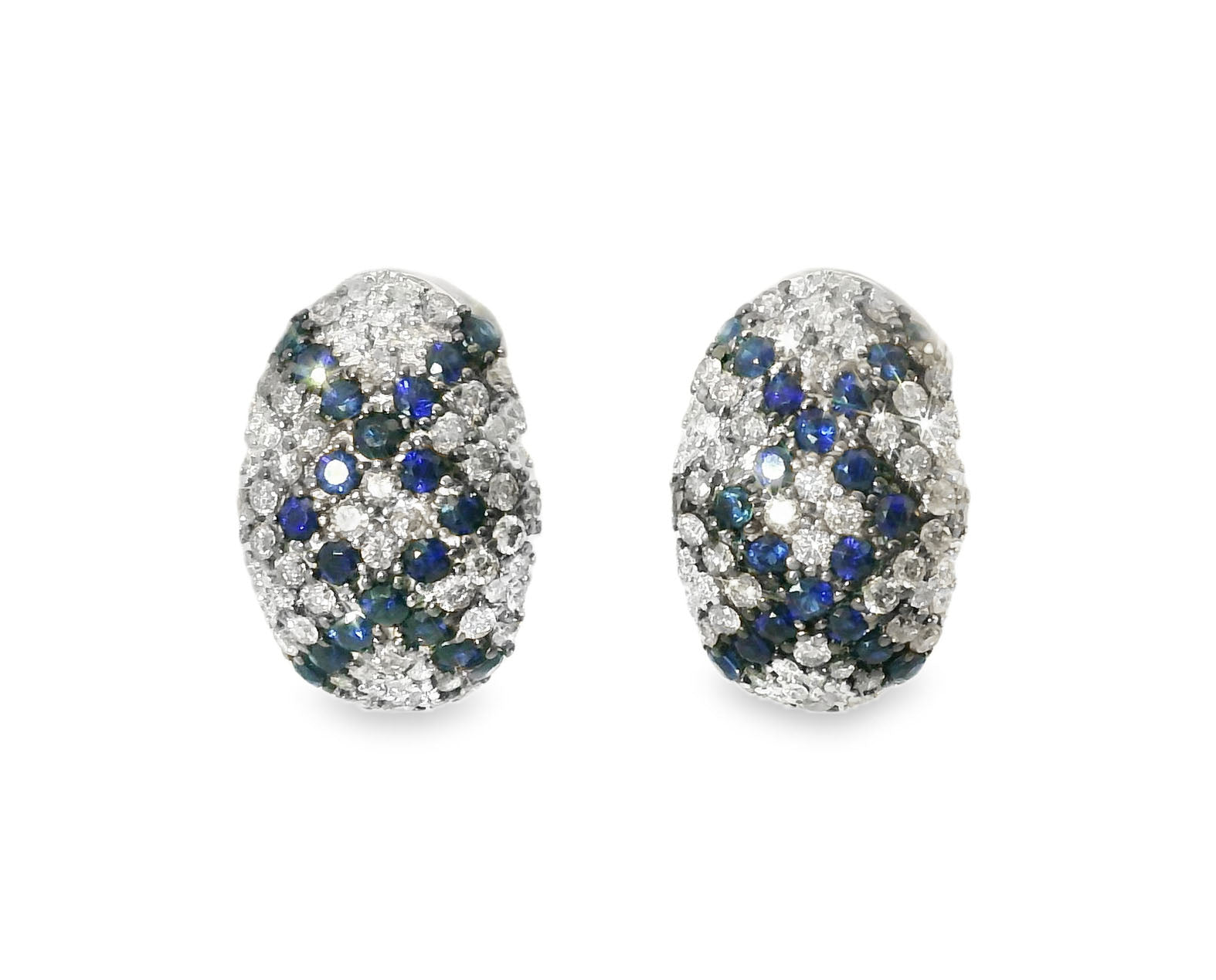 Unique 14K White Gold Champagne Diamond Sapphire Mosaic Huggie Earrings - GGEMSonline