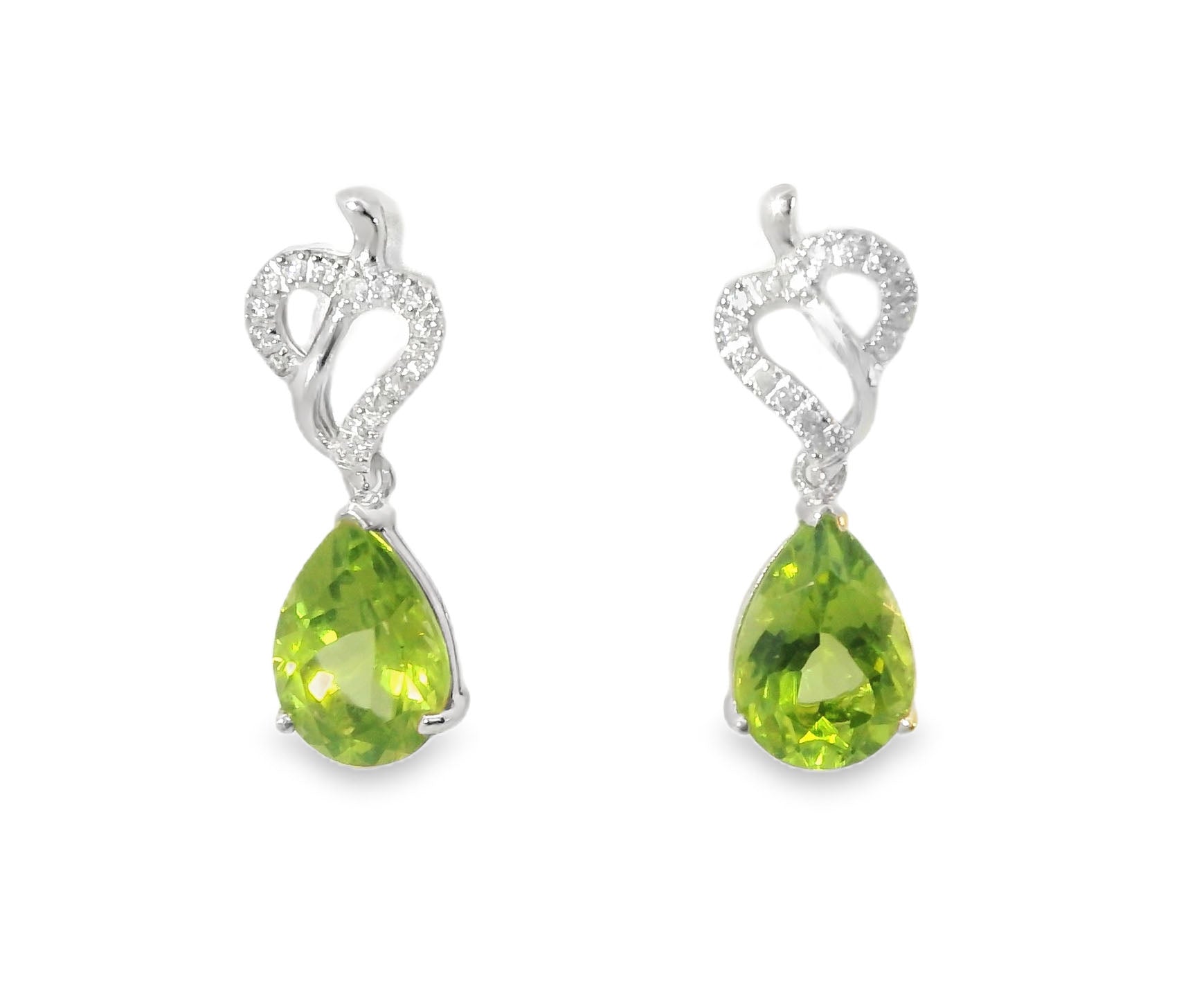 Gorgeous 14K White Gold Peridot Diamond Heart Drop Earrings - GGEMSonline