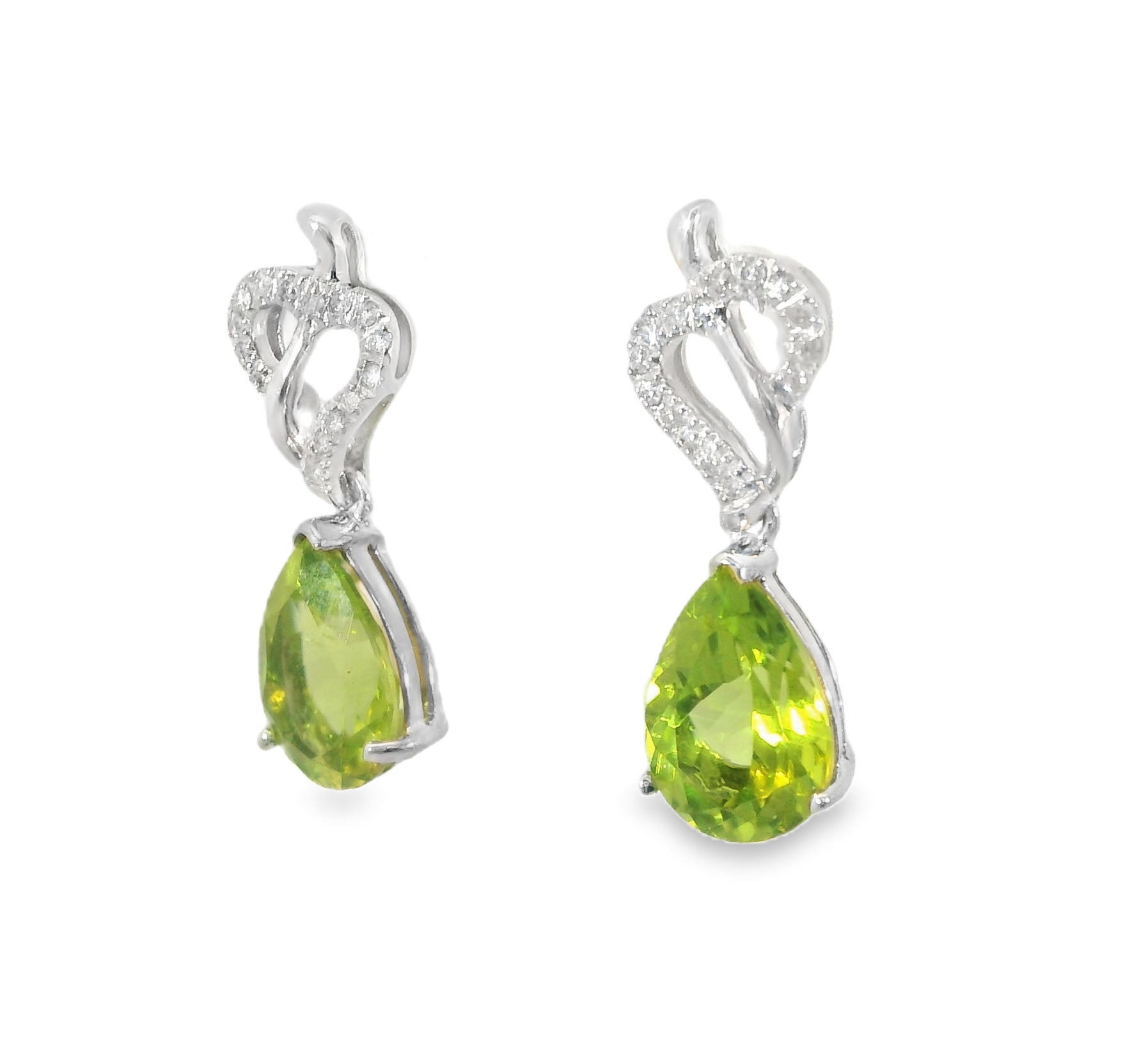 Gorgeous 14K White Gold Peridot Diamond Heart Drop Earrings - GGEMSonline