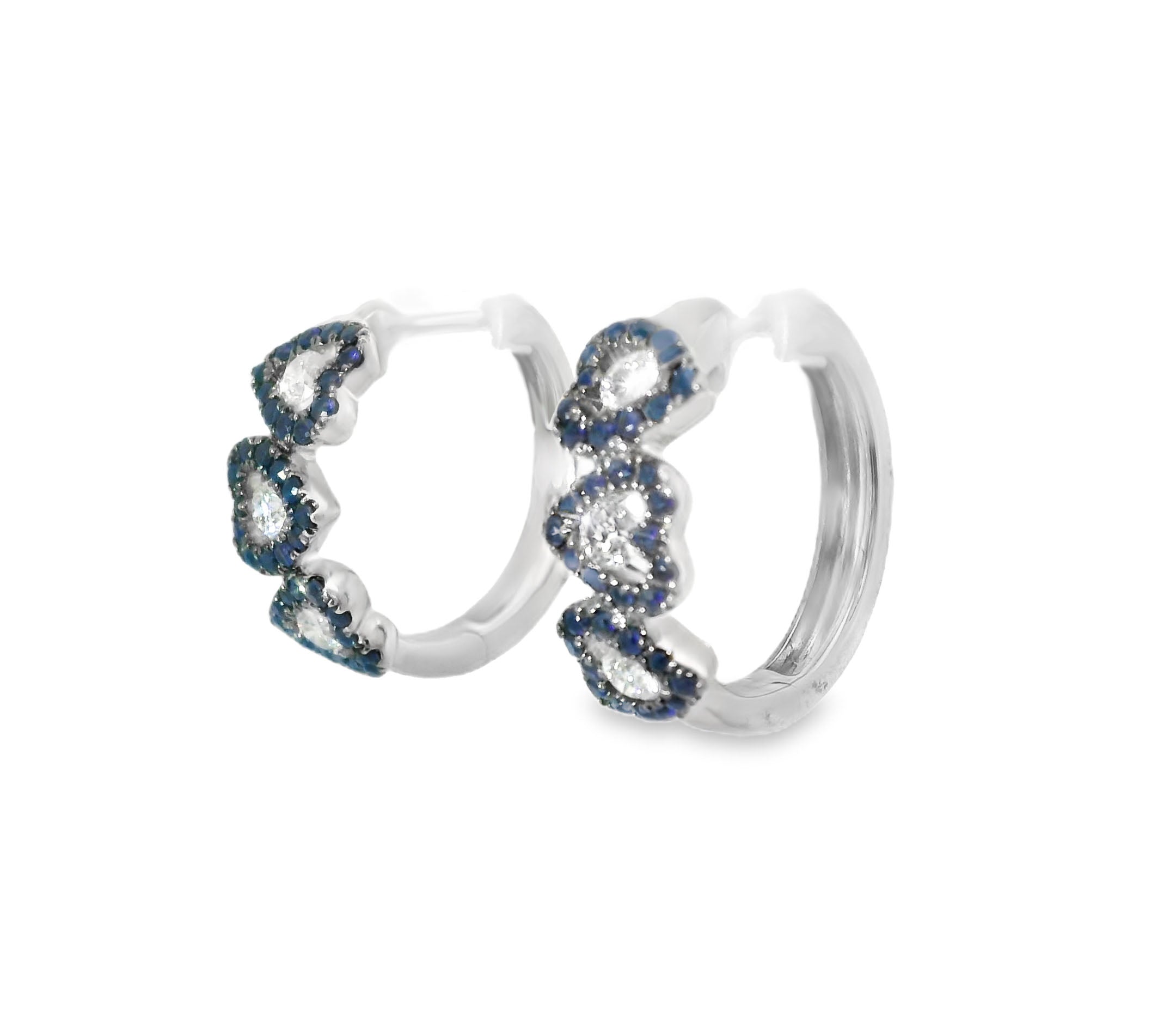 Fabulous 18K White Gold Sapphire Diamond Heart  Huggie Earrings - GGEMSonline