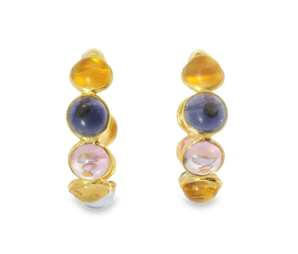 Fabulous 18K Gold Cabochon Citrine Rose Quartz Blue Topaz Hoop Earrings Hoops